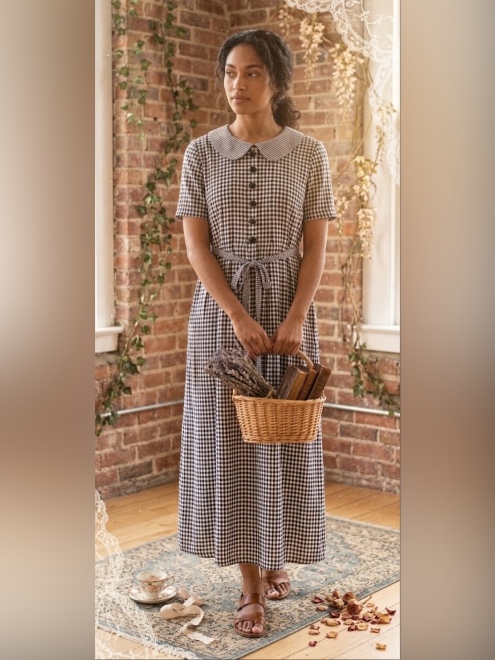 Vintage Navy Gingham Checked Peter Pan Collar Prairie Maxi Dress Size 10